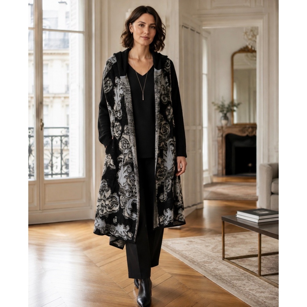 Free People After The Storm Blue Black Floral Damask Hooded Duster Cardigan  M
